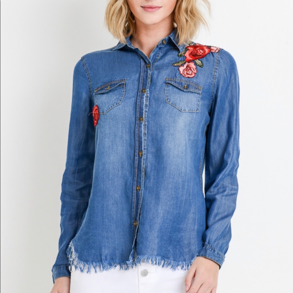 Flower Patch Raw Hem Chambray Shirt